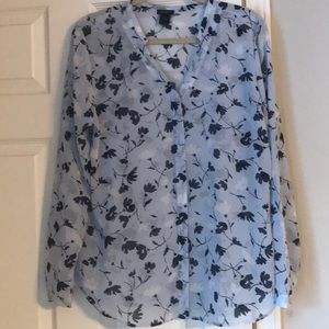 Ann Taylor floral blue sheer button up blouse